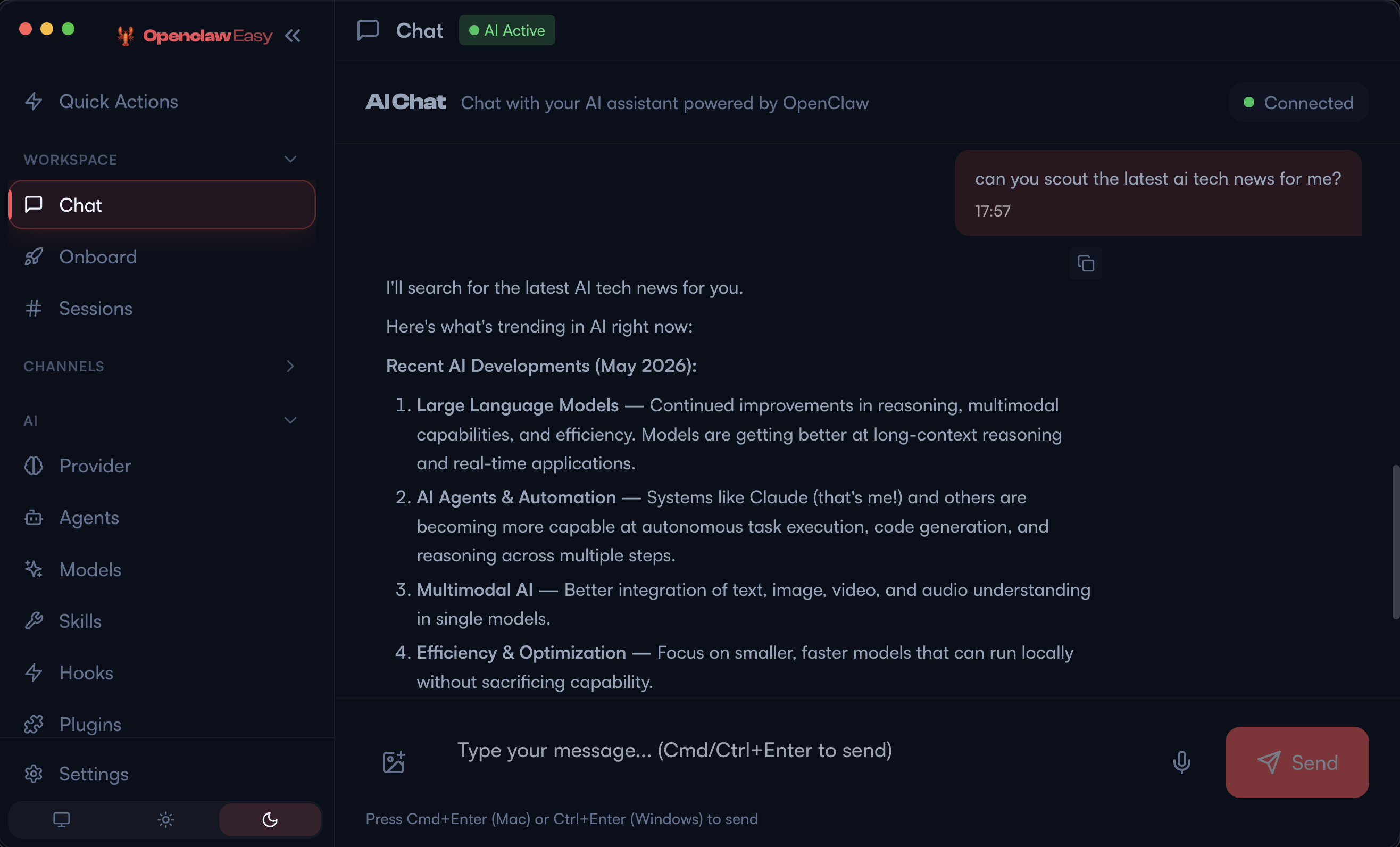 OpenClaw Desktop App built-in AI chat — talk to Claude, ChatGPT or Gemini directly