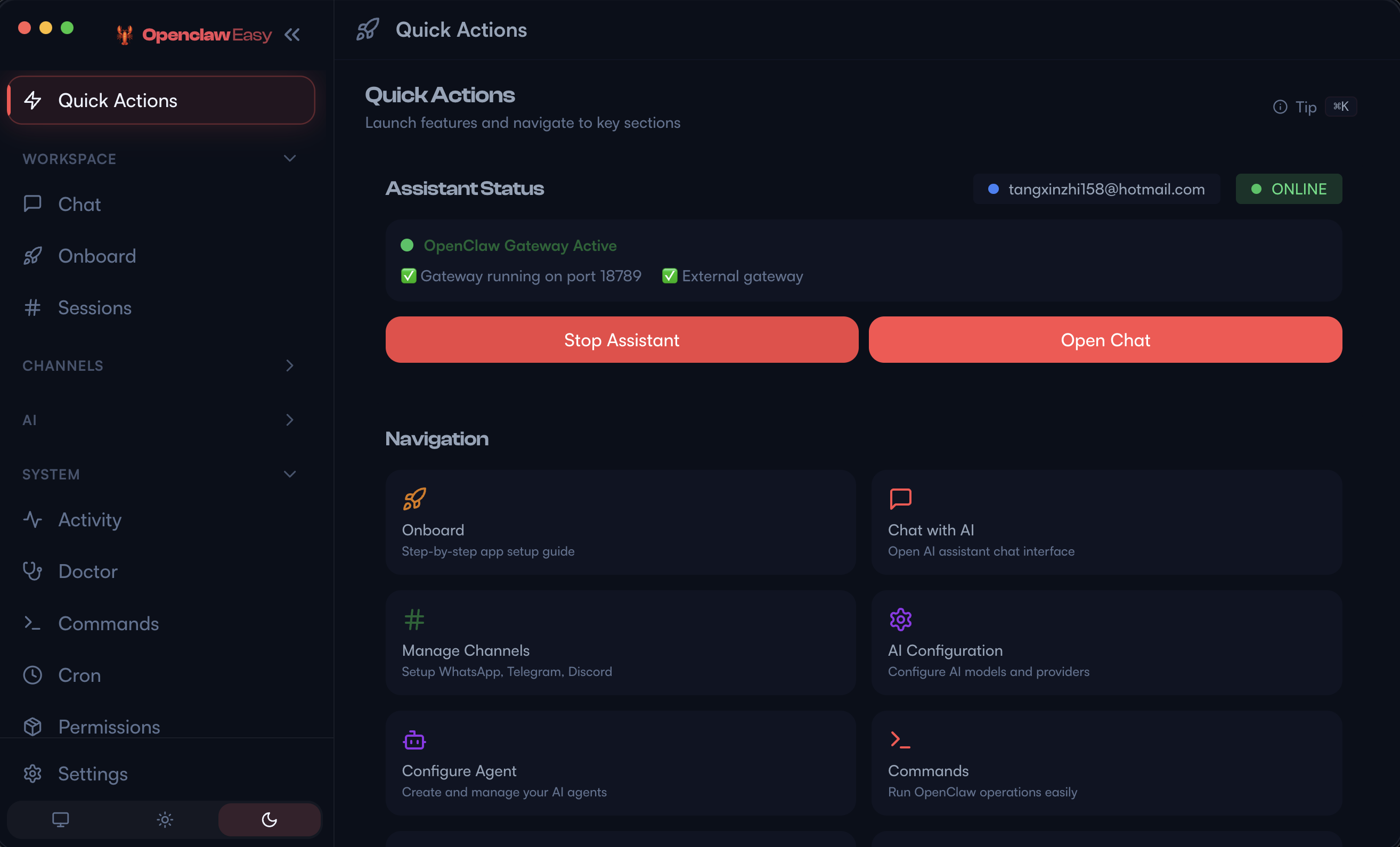OpenClaw Desktop App dashboard — control center for managing AI assistants and messaging channels